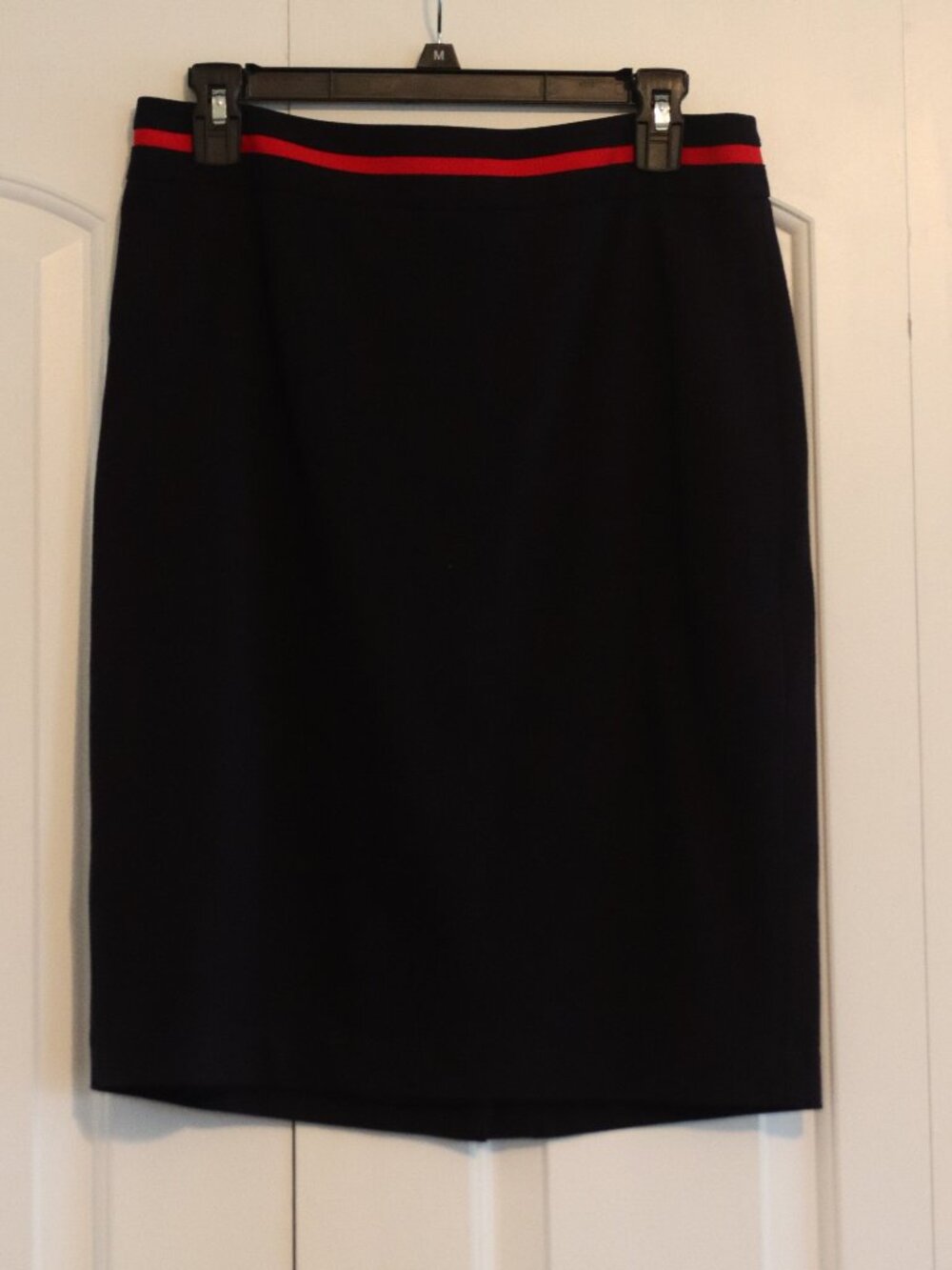 Talbots Italian Luxe Knit Pencil Skirt Navy Contrasting Red Striped Waistband 6